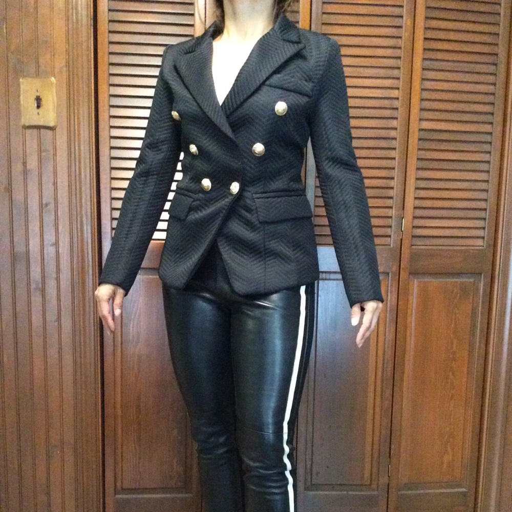 Black herringbone rib blazer with gold buttons